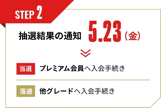 STEP2 当選結果の通知 5.23(金) 当選:ダイヤモンド会員へ入会手続き 落選:他グレードへ入会手続き